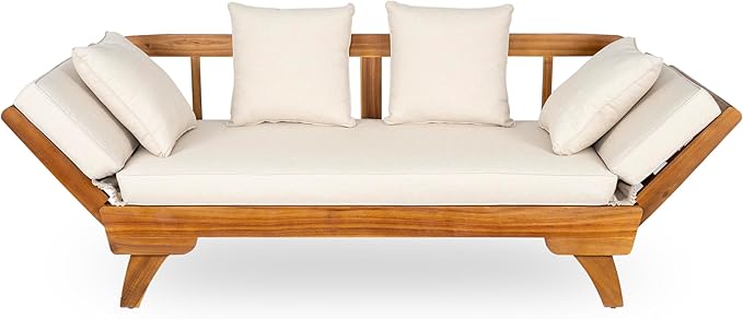 Christopher Knight Home Gary Patio Convertible Couch, Wooden Outdoor Daybed, 3-Seater Acacia Wood Patio Furniture Lounge Sofa for Backyard/Poolside/Garden, Back Pillow+Removable Cushion, Teak+ Beige
