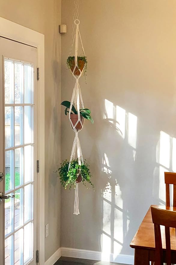 Mkono Macrame Plant Hanger 3 Tier Indoor Outdoor Hanging Planter Basket Cotton Rope with Beads 70 Inches (Pots and Plants NOT Included)