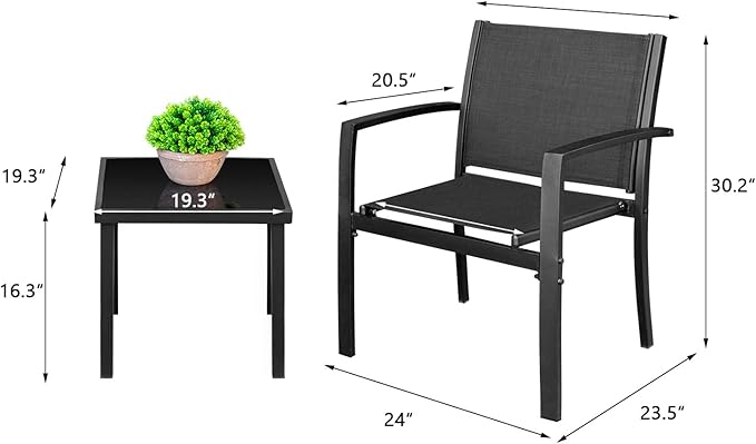 Homall 3 Pieces Patio Furniture Set Outdoor Patio Conversation Textilene Bistro Set Modern Porch Lawn Chairs with Coffee Table for Home and Balcony (Black)