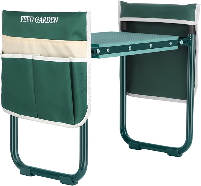 FEED GARDEN Garden Kneeler and Seat, Upgraded Foldable Gardening Stool with 10.23" Wide Kneeling Pad, Heavy Duty Gardening Bench Chair with 2 Tool Pouches, Gardening Gifts for Seniors Mom Women Men