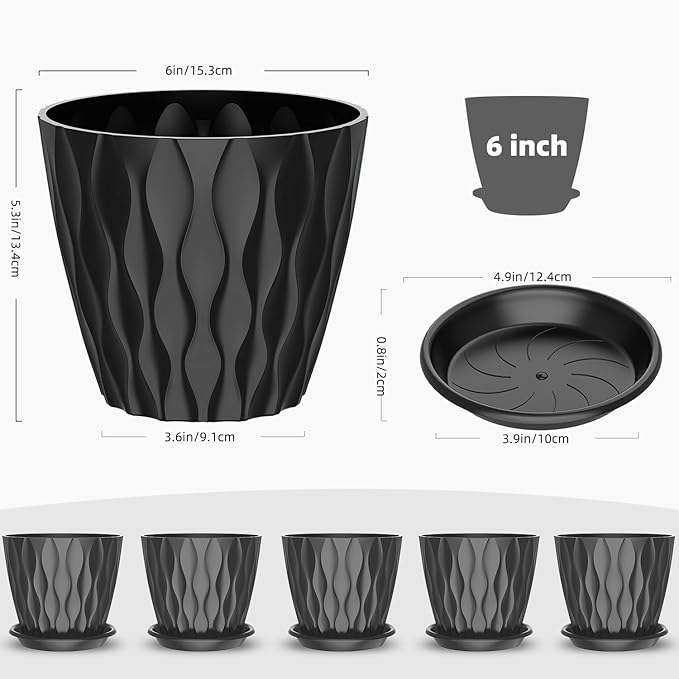 6 Pack 6 Inch Indoor Plant Pots with Drainage Holes, Outdoor Plastic Decorative Flower Pots, Garden Planters with Tray Saucers for Orchids, Violets, Succulents, Herbs, and Other Plants