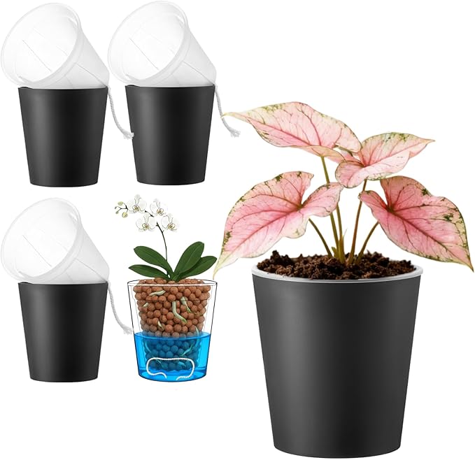 3 Pack of 6in Plastic Cachepot with 6 inch Clear nusery Pot - self Watering Indoor Planter with Drainage for Root Visibility,semi Hydro pots for repotting Orchids,Aroid or Monstera,Black
