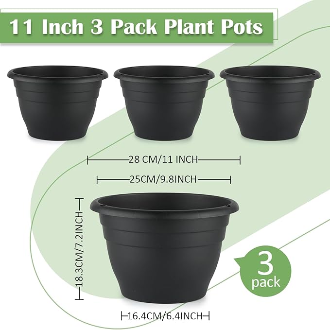 3 Pack 11 Inch Plant Pots,Plastic Flower Pots with Drainage Holes,Lightweight Durable Planters for Indoor Outdoor Plants,Modern Decorative Pots for Patio Garden(Black)