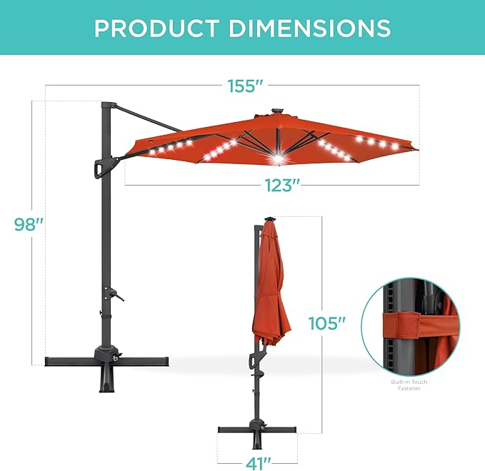Best Choice Products 10ft Solar LED Cantilever Patio Umbrella, 360-Degree Rotation Hanging Offset Market Outdoor Sun Shade for Backyard, Deck, Poolside w/Lights, Easy Tilt, Cross Base