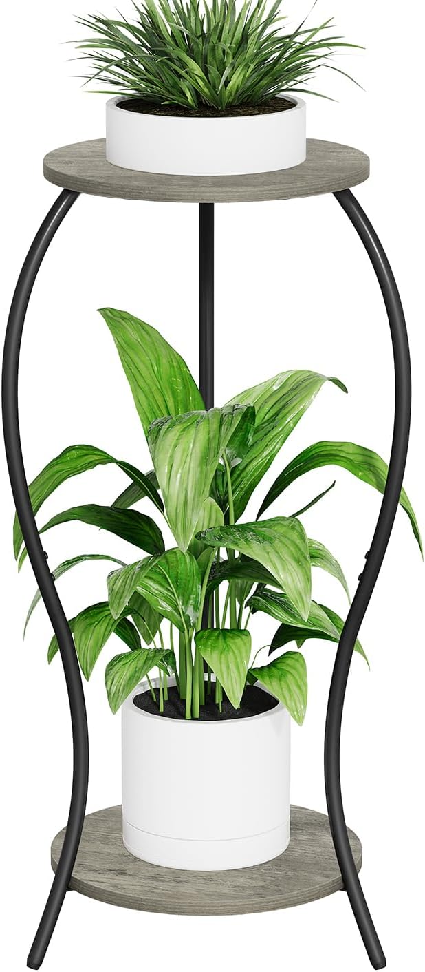 Plant Stand Indoor, 2 Tier Round Tall Plant Stand, Flower Pot Stand, Plant Shelf Rack, Corner Plant Stand for Planter Garden Balcony Patio Living Room (Grey-Wood, 2 Tier)