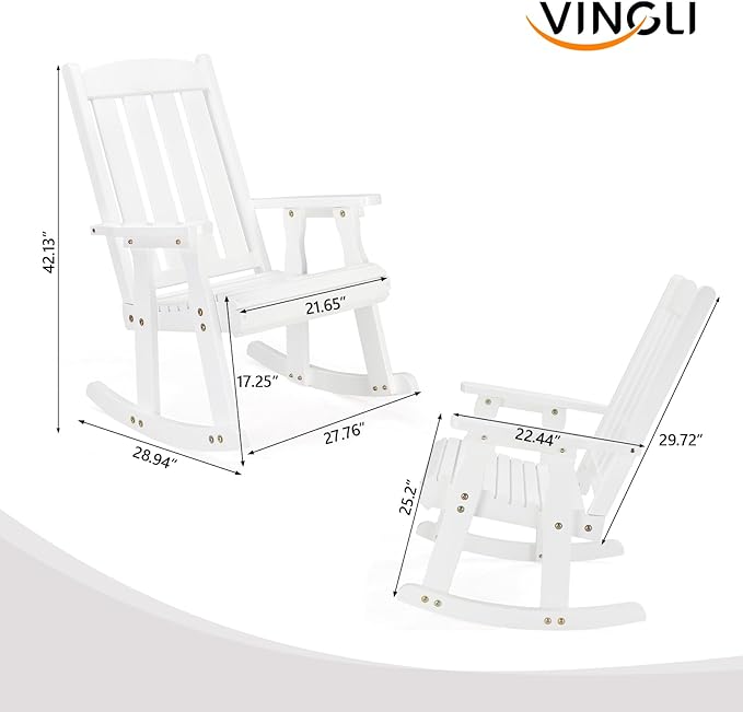 VINGLI Heavy Duty 600 LBS Outdoor Wooden Rocking Chair with Higher Backrest,Patio Rocking Chair with Ergonomic Design, Weatherproof Outdoor Rockers Suit for Patio, Garden, Balcony, Yard, White