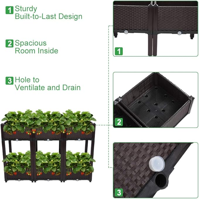 VINGLI Square Raised Garden Bed, Self-Watering Plastic Planter for Indoor Outdoor Vegetables, Fruits, Potato, Flowers, All Weather (6 Pcs)
