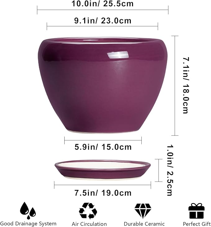 10 Inch Plant Pot - Ceramic Planter with Drainage Hole and Saucer, Round Modern Flower Pot for Indoor Outdoor Plants, Housewarming Gift, Home Garden Decor, Purple