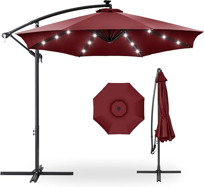 Best Choice Products 10ft Solar LED Offset Cantilever Hanging Market Patio Umbrella, 8 Sturdy Ribs, Easy Adjustment - Burgundy