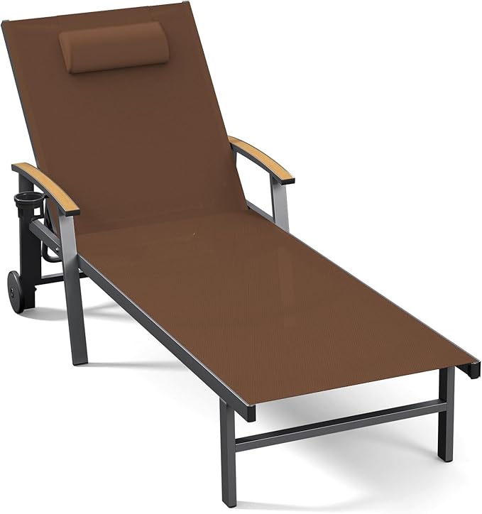 Ciokea Outdoor Lounge Chair with Pillow, 5-Position Aluminum Chaise Lounge with Wheels & Armrests, 400 lbs Heavy Duty Patio Pool Chair for Deck, Backyard, Beach & Poolside, Brown