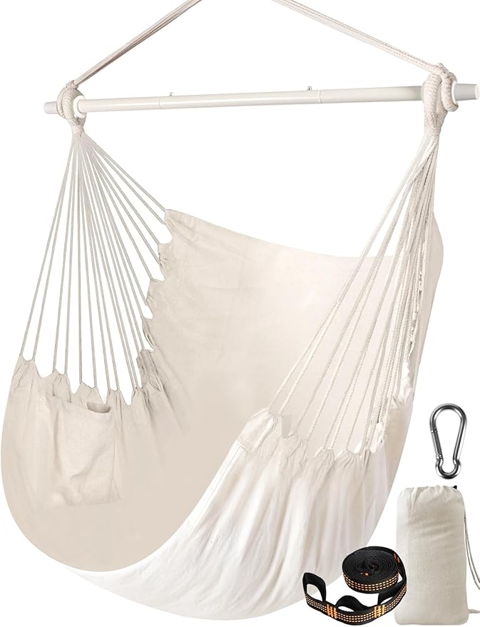 Chihee Hammock Chair Swing Chairs Strong Metal Collapsible Spreader Bar Portable Hanging Chair Max 500 lbs Comfy Seat Patio Lawn Cotton Blended for Superior Comfort Durability Indoor Outdoor