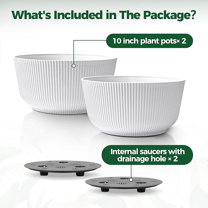 T4U 10 Inch Self Watering Pots for Indoor Plants, 2 Pack Large Plant Pots, Self Watering Planter for Indoor Plants, Durable Plastic Pots (2 Pack,10", White)