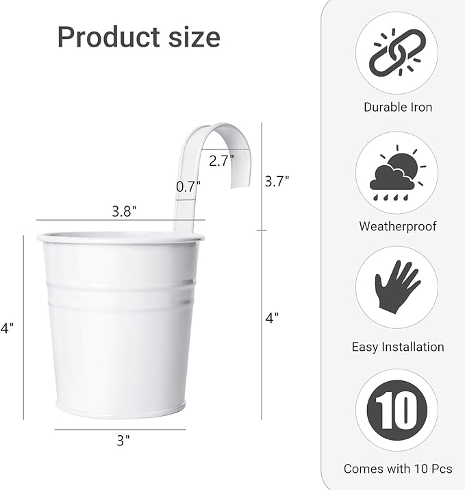 Dahey 10 Pcs Hanging Flower Pots Metal Iron Bucket Planter for Railing Fence Balcony Garden Home Decoration Flower Holders with Detachable Hooks, White, 4 Inches