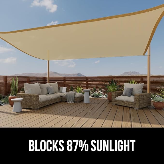 GORILLA GRIP Heavy Duty Sun Shade, UV Protection Fade Tear and Rust Resistant Rectangle Sunshade Canopy, Curved Edges Blocks Sunlight, Breathable Sail, Outdoor Patio, Lawn Garden 12x12 FT Sand