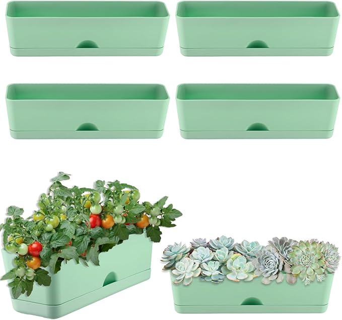 6 Pack Rectangle Planter 16x4.4 Inch Window Boxes Planters Rectangular Large Window Sill Planters Indoor Self Watering Plant Pots with Drainage Holes and Saucers Succulent Herb Flower Pots, Green