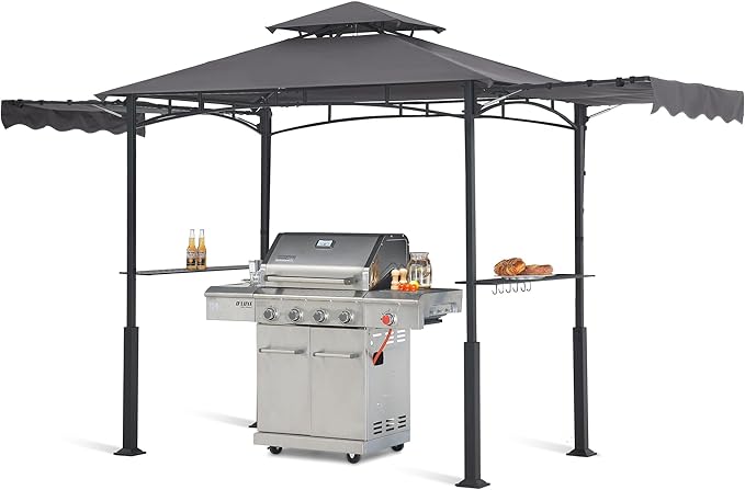 ABCCANOPY Grill Gazebo with 2 Side Awnings - 14x5 Outdoor BBQ Canopy Shelter with 2 Led Lights for Patio Backyard Grilling (Dark Gray)