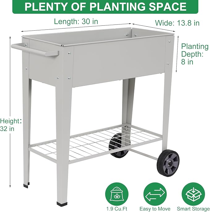 Elevated 32" Tall Raised Garden Bed with Legs and Wheels for Mobility, Metal Planter Boxes Outdoor with Shelf, Raised Bed for Gardening Vegetables/Herbs, Backyard, Patio, Balcony, Grey