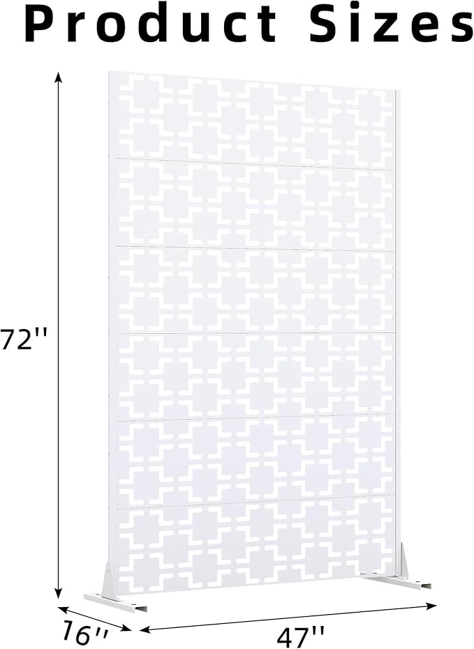 Casaphoria Metal Privacy Screen Outdoor, 72" H x 47" W Freestanding Decorative Privacy Screen for Patio Deck Balcony Garden with Stable Base, White Square