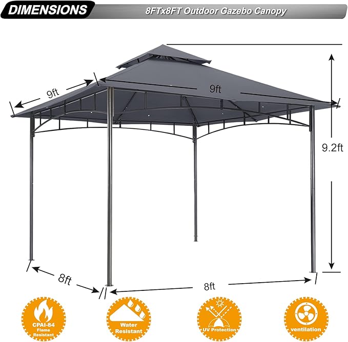 ABCCANOPY Gazebos for Patios 8x8 - Outdoor Steel Frame Gazebo for Lawn Backyard Garden Deck (Gray)