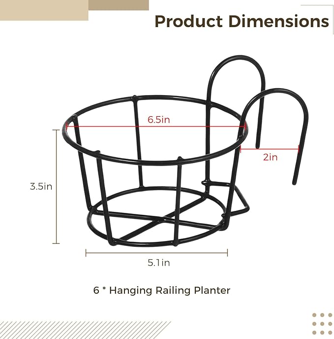 6 PCS Round Hanging Railing Planters, Hanging Flower Stand Iron Baskets, Hanging Planters for Outdoor Plants, Metal Rack Fence Shelf Plant Holder with Hooks for Balconies, Gardens, Indoor Spaces