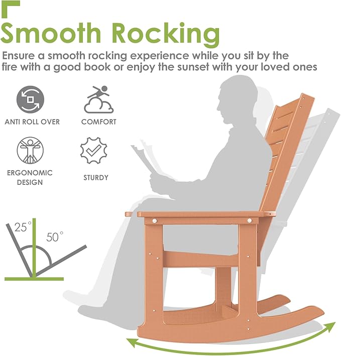 GREENVINES Outdoor Rocking Chairs | Set of 2 | Porch Rocker | HDPE Plastic | Teak | Oversized Rockers | High Back | Big & Tall | Ladder Back | for Patio Outside Backyard Balcony Garden