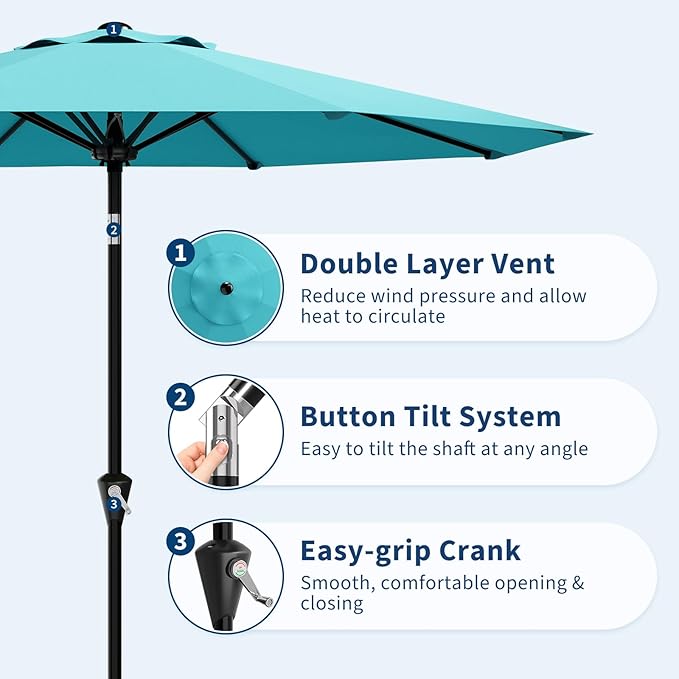 Garvee 9FT Patio Umbrella - Outdoor Table Umbrella with Smooth Crank Lift, Push Button Tilt and 8 Sturdy Ribs - Market Umbrella UV Protection Waterproof for Pool, Deck, Yard, Garden -Sky Blue