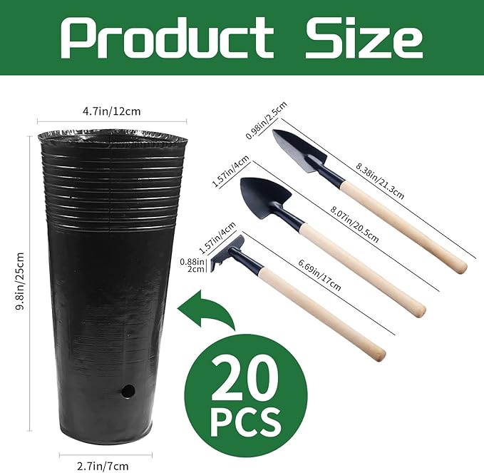 20 Pcs Plastic Deep Nursery Pots - 9.8" Tall Tree Pots, Indoor/Outdoor Use with 3 Pcs Garden Tools