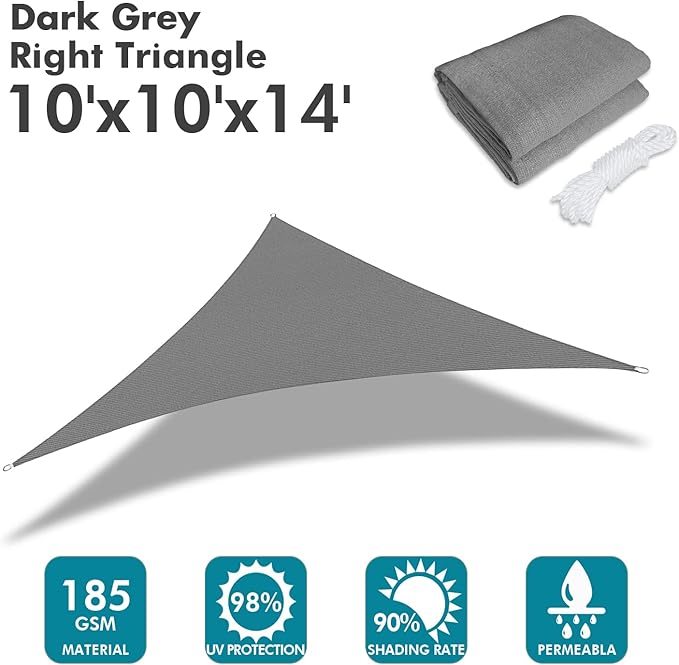 KANAGAWA Sun Shade Sail 10'x10'x14' Dark Gray Triangle UV Block Canopy Awning Shelter Fabric Cloth Screen for Outdoor Patio Garden Backyard