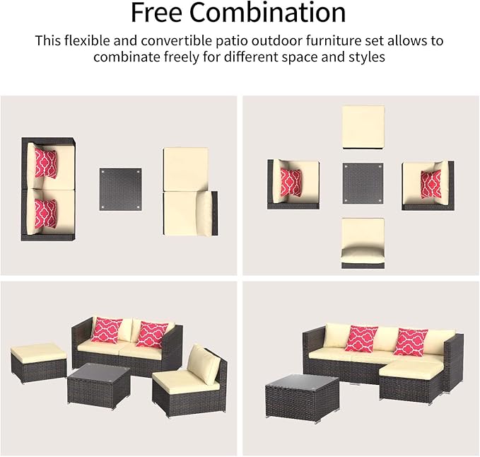 Aiho Patio Furniture Set All Weather Outdoor Sectional Patio Sofa Set with Tempered Coffee Table, for Backyard Porch, Beige