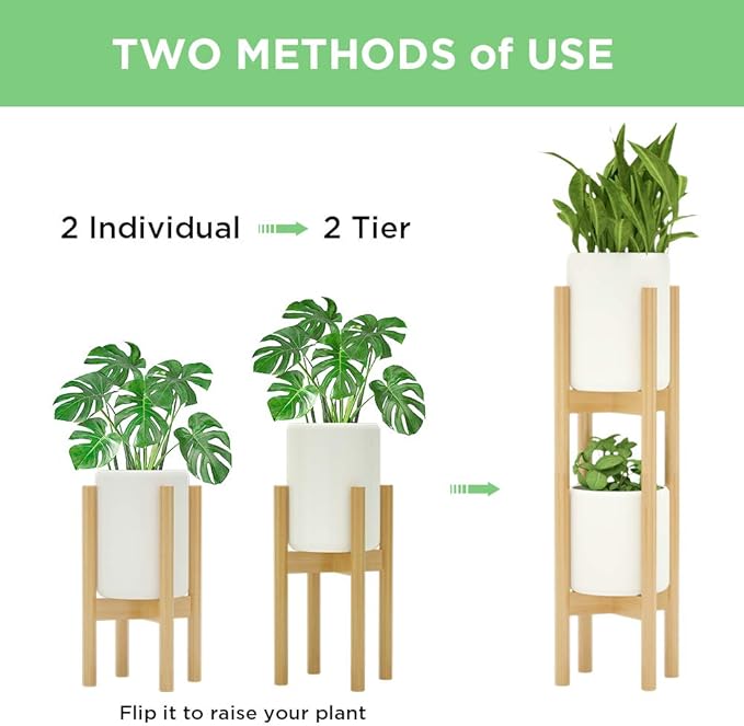 MUDEELA 2 Pack Indoor Plant Stands, 2 Tier Tall Plant Stand 30 inches, Mid Century Bamboo Plant Stand, Adjustable Width 8 - 12 inches, Fits Pot Size of 8 9 10 11 12 inches Pot & Plant Not Included, Natural
