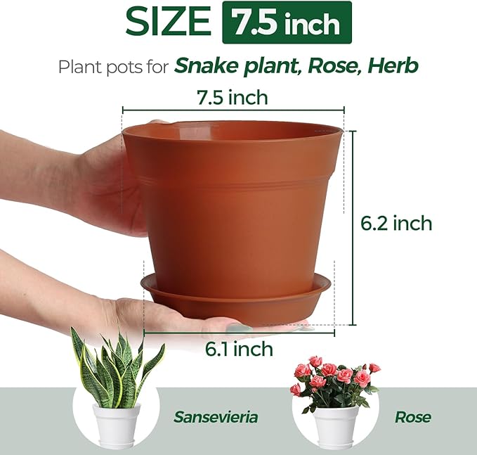 T4U 7.5 Inch Plant Pots 6 Pcs, Flower Pots for Plants, Plastic Planter Pots for Indoor Plants with Drainage Holes and Saucer (6 Pcs, 7.5")