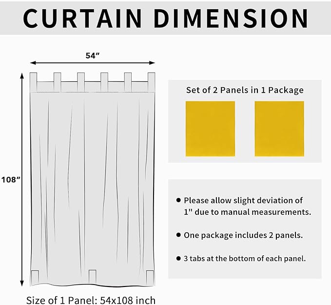 Easy-Going Outdoor Patio Curtains Detachable Tab Top Windproof Weatherproof Curtain for Cabana, Porch, Pergola and Gazebo, Tab Bottom Drape, 2 Panels, 54W x 108L inch, Yellow