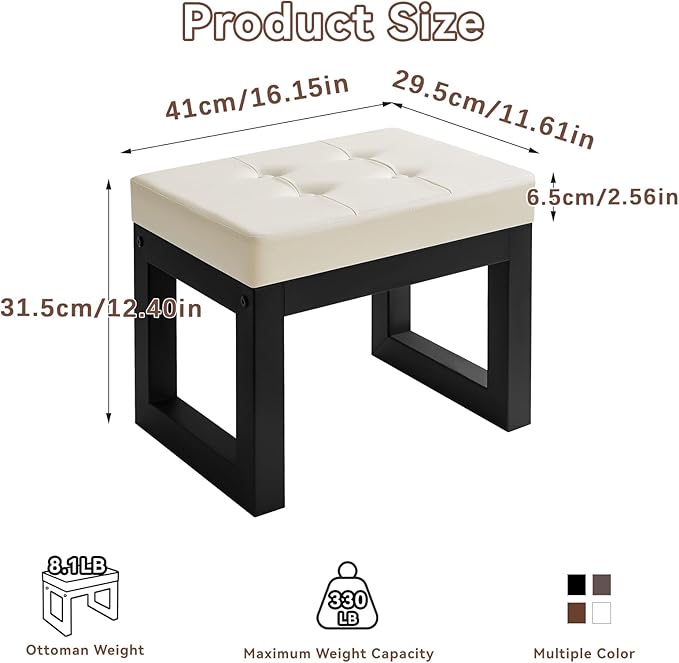 IBUYKE 16 Inch Small Foot Stool Ottoman, Rectangle PU Faux Leather Foot Rest with Padded Seat and Metal Legs, Modern Ottoman Foot Rest for Living Room Bedroom Entryway Couch,White WBD026W