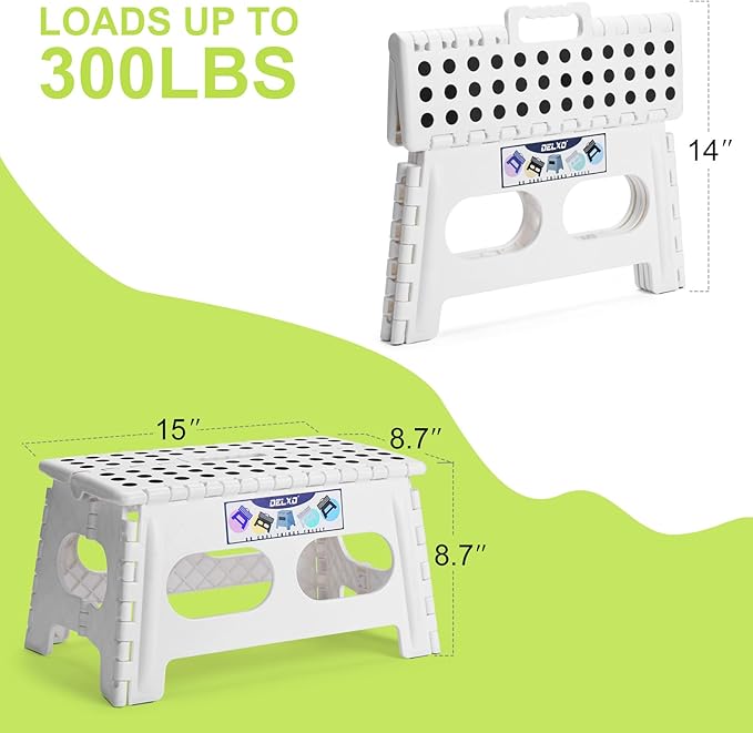 Delxo 9 Inch Folding Step Stool for Kids and Adults,15-Inch Extra Wide Height Large Platform Heavy Duty Stepping Stool More Safe and Comfortable Non Slip Foldable Step Stool White