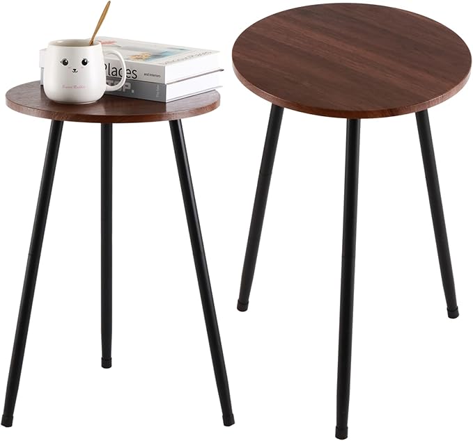 Metal Outdoor Side Tables Set of Two Small Outside Round End Table for Patio Modern Accent Garden Corner Table for Small Spaces, Balcony, Porch, Weather-Resistant Plant Stand Indoor, Woodgrain
