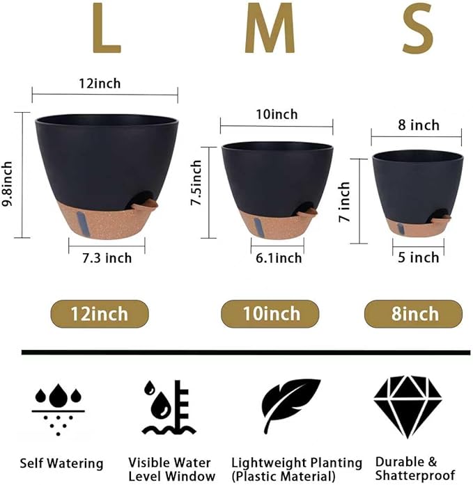 Self-Watering Plant Pots for Indoor Plants: 8/10/12 Inch Large Plastic Planter with Water Level Indicator, Drainage Holes & Deep Reservoir, Modern Decorative Flower Pot (Black)