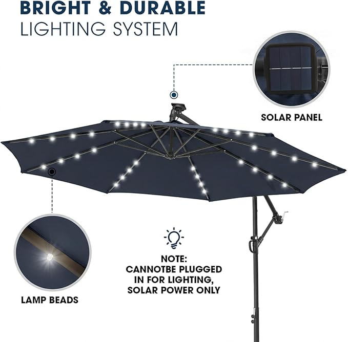wikiwiki 10ft Solar LED Patio Umbrella with Base Included, Offset Umbrella with Weighted Sandbag Base, Cantilever Patio Umbrella for Backyard, Garden & Deck, 32 LED Lights & Polyester Shade, Navy Blue