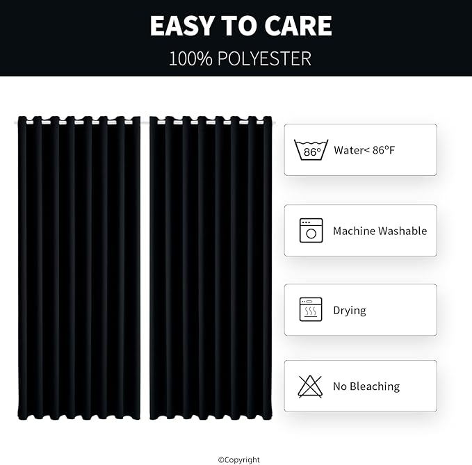 Waterproof Outdoor Curtain W105 x L84 - Grommet Top Sunlight Blocking Window Treatment Drapes Blackout Curtains for Home Bedroom Living Room Outdoor Patio Porch Pergola Cabana Gazebo (Black, 2 Panels)