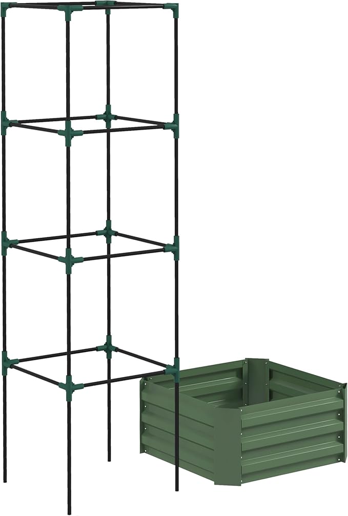 Outsunny Galvanized Raised Garden Bed, 73.5" Tall Outdoor Planter Box with Trellis Tomato Cage and Open Bottom for Climbing Vines, Vegetables, Flowers in Backyard, Garden, Patio, Green