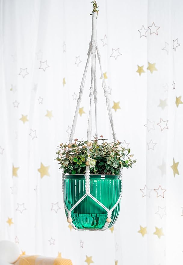 Melphoe Self Watering Hanging Planters for Indoor Plants, 1 Pack 8.3 Inch Outdoor Hanging Plant Pot Basket, 2 Kinds of Hangers Macrame 35.5’’ & Metal Chain 19.6’’ for Garden Home Decor
