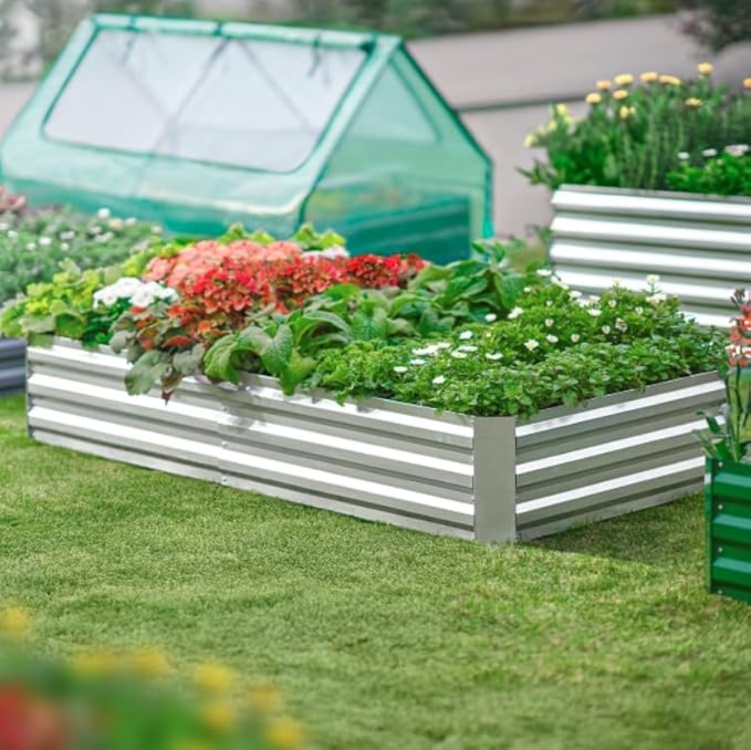 Quictent Raised Garden Bed with Cover Outdoor Galvanized Metal Planter Box Kit, w/ 2 Large Screen Windows Mini Greenhouse 20pcs T Tags 1 Pair of Gloves Included for Growing Vegetables 6x3x1ft (Clear)