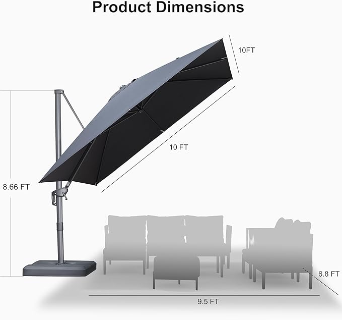 PURPLE LEAF Patio Umbrella 10' X 10' Rectangle Cantilever Umbrella Large Aluminum Outdoor Umbrellas with 360-degree Rotation & UPF40+ Premium Fabric for Deck Pool Garden Yard, Graphite Grey