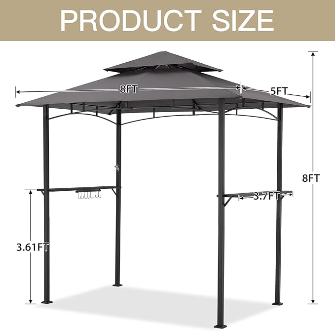 AECOJOY 8' x 5' Outdoor Grill Gazebo Canopy, BBQ Canopy for Outdoor Grill, 2- Tier BBQ Gazebo Shelter for Patio, Backyard and More (Grey)