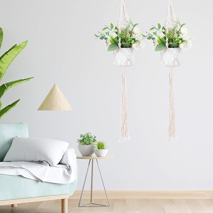 Sliverdew Macrame Plant Hanger, 2 Pack Boho Hanging Planters Baskets with Hooks, Crochet Braided Cotton Rope Flower Pot Holder for Indoor Outdoor Home Decor, No Tassels, Ivory, 20 Inches