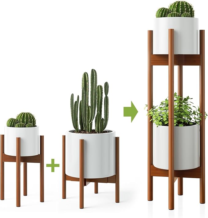 MUDEELA 2 Pack Indoor Plant Stands, 2 Tier Tall Plant Stand 30 inches, Mid Century Bamboo Plant Stand, Adjustable Width 8 - 12 inches, Fits Pot Size of 8 9 10 11 12 inches, Pot & Plant Not Included, Brown