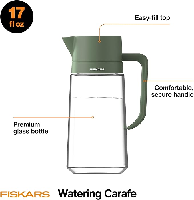 Fiskars Glass Watering Carafe, Indoor Plant Watering Can with Narrow Spout, Small Pitcher for Succulents & Herbs, Easy Fill Top Design for Mess Free Pouring, Modern Decor Style, 17 oz, Clear