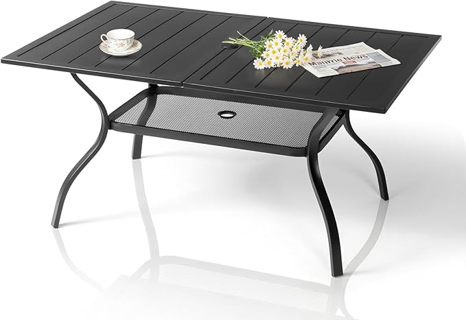 VINGLI 59" Rectangle Patio Table for 6, Metal Outdoor Dining Table with Umbrella Hole, All-Weather Steel Patio Dining Table Outdoor Table for Lawn, Garden, Backyard, Black (L59 xW35)