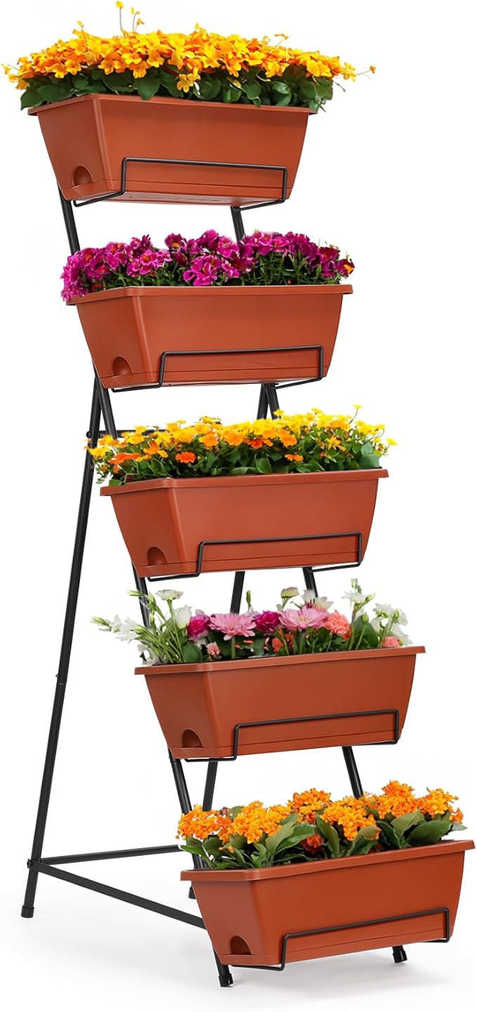 YBING Vertical Garden Bed 5 Tier Vertical Raised Garden Planter Standing Herb Garden Planter Tiered Flower Planter Boxes for Outdoor Plants Brick-Red