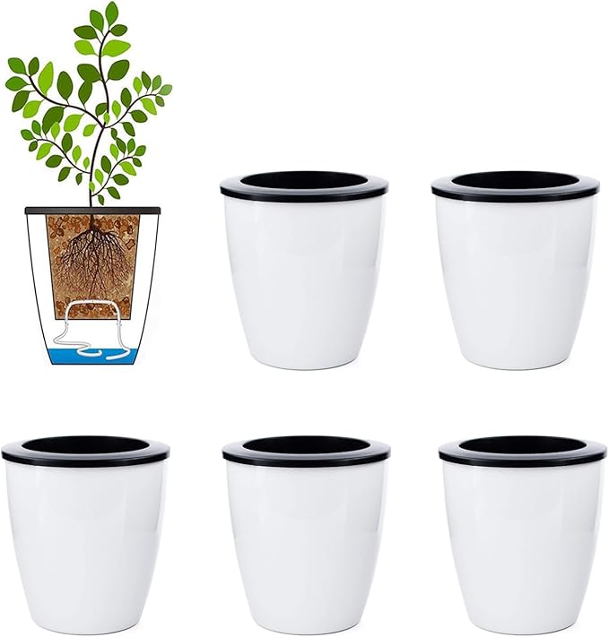 6 Pcs 3.5“ Self Watering Planter White Flower Pot, Flowers Plants, Small Mini Planter Pot, for All Plants, Herbs, African Violets, Succulents