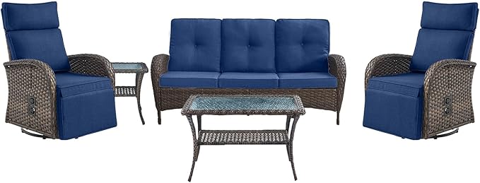 Belord 5 Piece Patio Furniture Set with Swivel Recliner Chair - Outdoor Patio Couch Set, Chaise Lounge Chair Outdoor with Adjustable Backrest and Footrest and Coffee Table for Casual Gathering